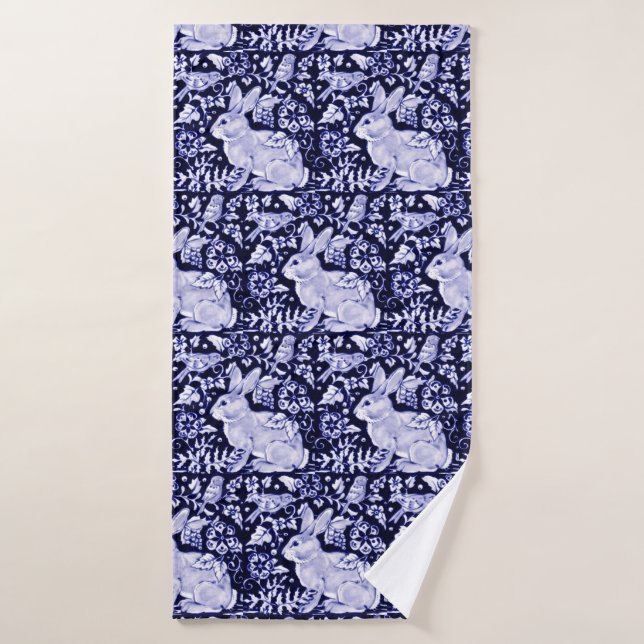 Blue and White Rabbit Bird Batrh Towel Dedham Navy (Bath Towel)