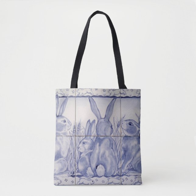 Blue and White Rabbit Bunny Tile Easter Spring Art Tote Bag (Front)