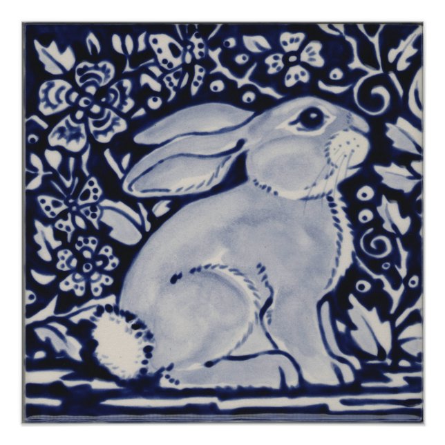 Blue and White Rabbit Poster China Dedham Tile Art (Front)