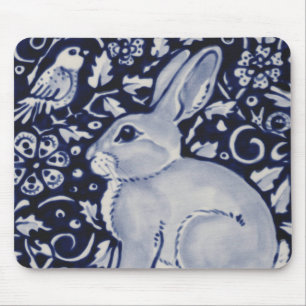 Blue and White Rabbit with Bird Tile Design Mouse  Mouse Pad