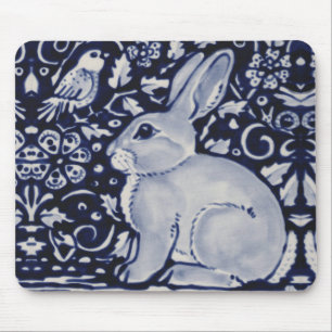 Blue and White Rabbit with Bird Tile Design Mouse  Pad