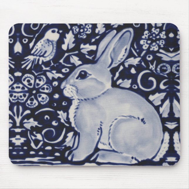 Blue and White Rabbit with Bird Tile Design Mouse  Pad (Front)