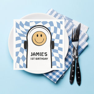 Blue and White Retro Checkered Birthday Boy Napkin