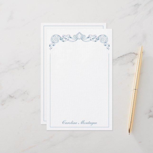 Blue and White Ribbon Crest Frame Personalised Stationery (Front/Back In Situ)