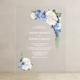 Blue and White Rose Floral Wedding Acrylic Invitations