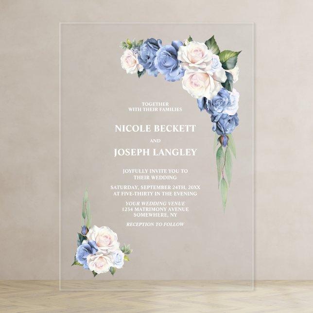 Blue and White Rose Floral Wedding Acrylic Invitations (Creator Uploaded)
