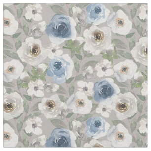 Blue and White Roses Fabric