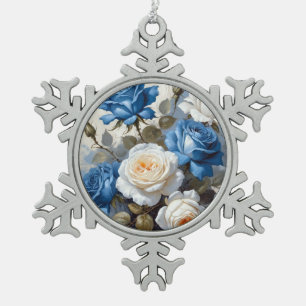 Blue and white roses floral print snowflake pewter christmas ornament