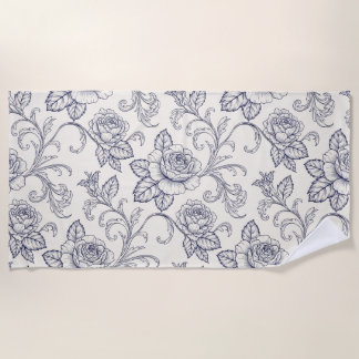 Blue and white roses flower country beach towel