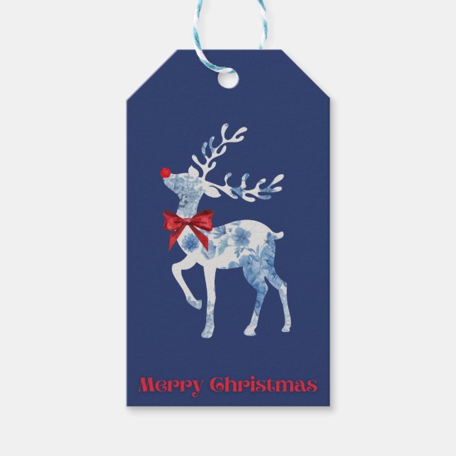 Blue and White Rudolph Gift Tag (Front)