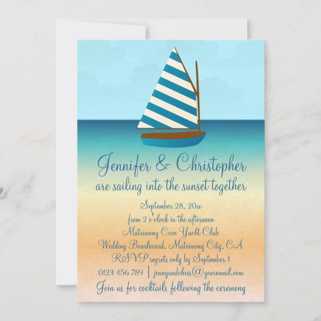 Blue and White Sailing Boat Wedding Invitation (Front)