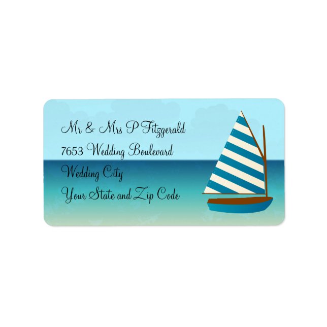 Blue and White Sailing Boat Wedding Label (Front)