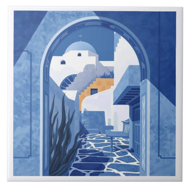 Blue and White Santorini Mediterranean Azulejo Tile (Front)