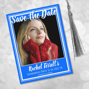 Blue and White Save the Date Graduation Announcement Postcard