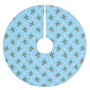 Blue and White Scallop Holly Berry Christmas Brushed Polyester Tree Skirt