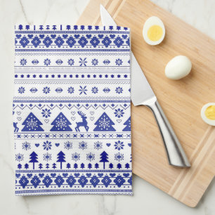 Blue and White Scandinavian Nordic Christmas Tea Towel