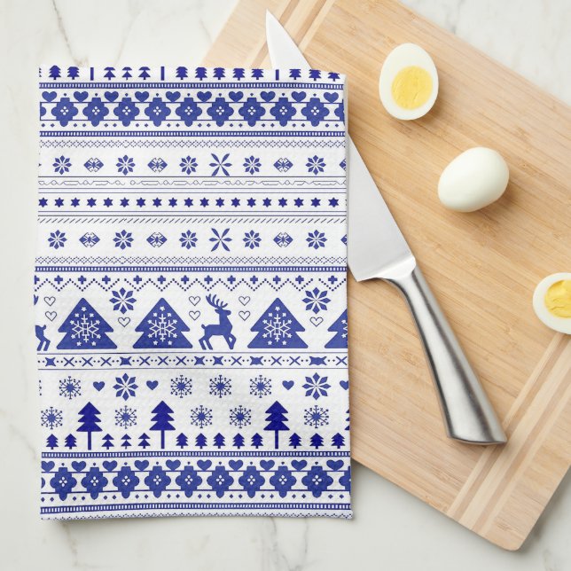Blue and White Scandinavian Nordic Christmas Tea Towel (Quarter Fold)