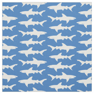 Blue and White School of Sharks Pattern Fabric