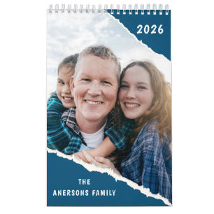 Blue and White Scrapbook Custom Family Photo 2026 Calendar