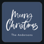 Blue and white script merry Christmas Square Sticker<br><div class="desc">Blue and white script merry Christmas returns address label stickers.</div>