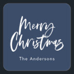 Blue and white script merry Christmas Square Sticker<br><div class="desc">Blue and white script merry Christmas returns address label stickers.</div>