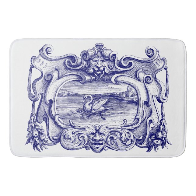 Blue and White Scroll Cartouche With Swan Bath Mat (Front)