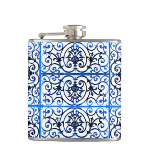 Blue and white scrollwork pattern hip flask
