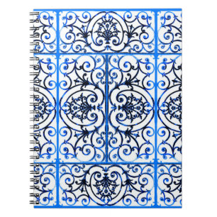 Blue and white scrollwork pattern notebook