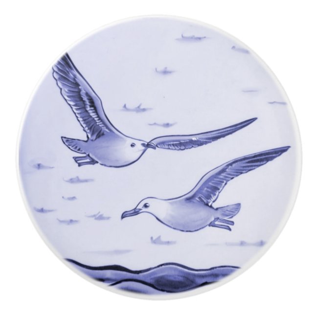 Blue and White Sea gulls Ocean Seagull Birds Ceramic Knob (Front)
