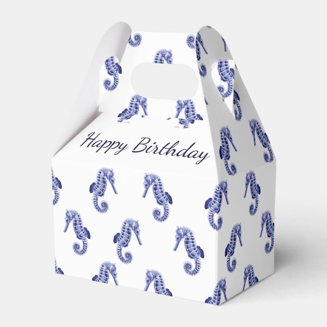Blue and white seahorse favour box (Front Side)