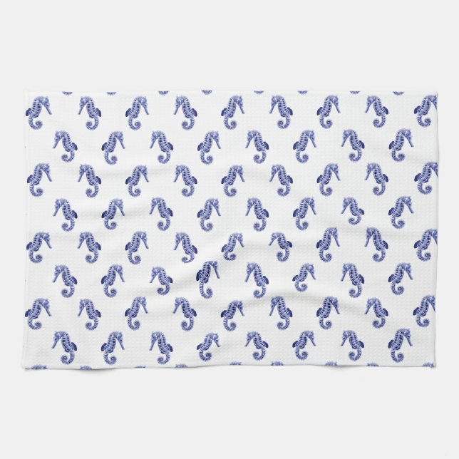 Blue and white seahorse kitchen towel (Horizontal)