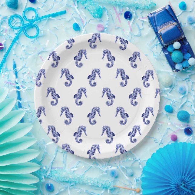Blue and white seahorse print paper plate (Party)