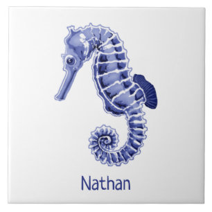 Blue and white seahorse with name ceramic tile