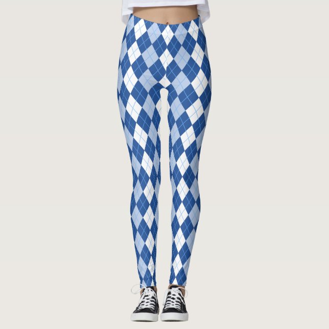 Blue and White Seamless Argyle Pattern Leggings (Front)
