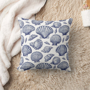 Blue and White Seashell Clam Shell Beach Decor Cushion