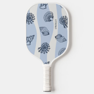 Blue and White Seashell Pattern Modern Monogram Pickleball Paddle