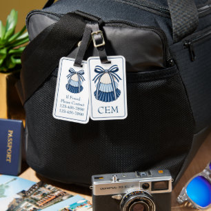Blue and White Seashells and Ribbons Monogram Luggage Tag