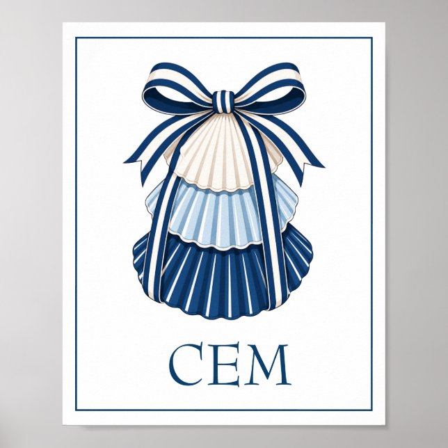 Blue and White Seashells and Ribbons Monogram Poster (Front)