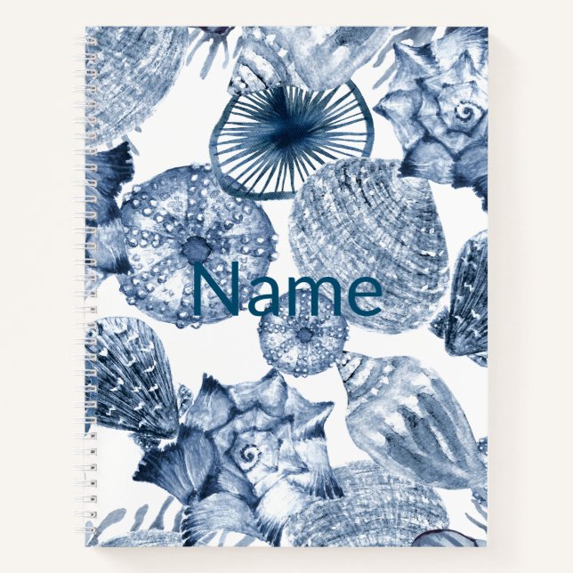 Blue and White Seashells Coastal Design Name Notebook (Front)