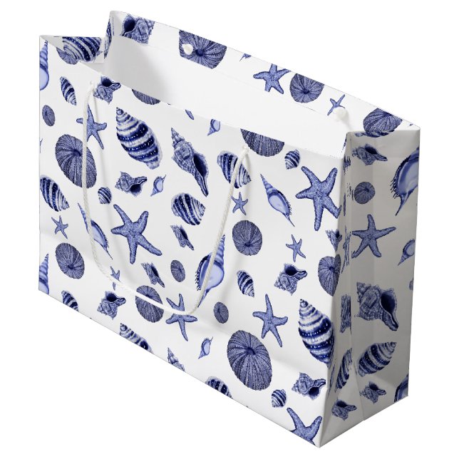 Blue and white seashells  large gift bag (Front Angled)