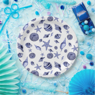 Blue and white seashells  paper plate