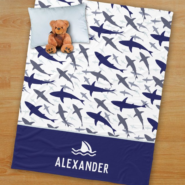 Blue and White Shark Pattern with Name Boy Fleece Blanket (Creator Uploaded)