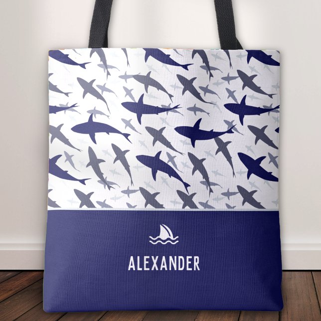 Blue and White Shark Pattern with Name Boy Tote Bag (Creator Uploaded)