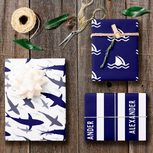 Blue and White Shark Pattern with Name Boy Wrapping Paper Sheet