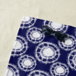 Blue and White Shibori Circles Pattern Beach Towel
