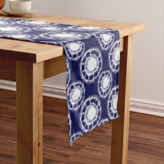 Blue and White Shibori Circles Pattern Medium Table Runner (In Situ)