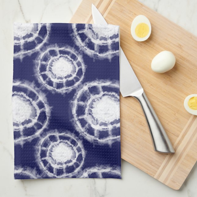 Blue and White Shibori Circles Pattern  Tea Towel (Quarter Fold)