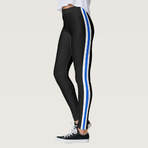Blue and White Side Stripe Black Leggings