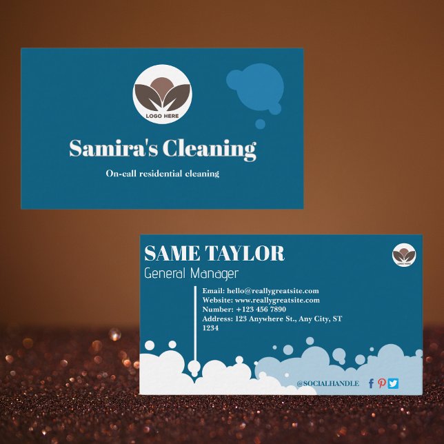Blue and White Simple Cleaning Services  Business Card (Blue and White Simple Cleaning Services Business Card)