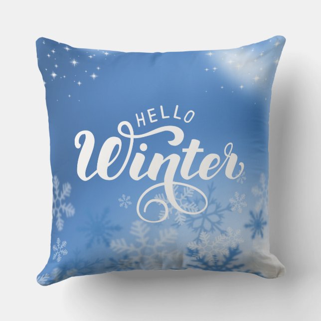 Blue And White Simple Hello Winter Cushion (Back)